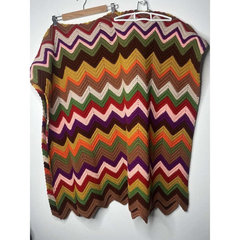 Afghan Crochet Blanket Chevron Zig Zag Multi Color Blanket 48